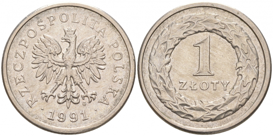 ПОЛЬША 1 ЗЛОТЫЙ 1991 MW KM 282 медно-никель 68-443