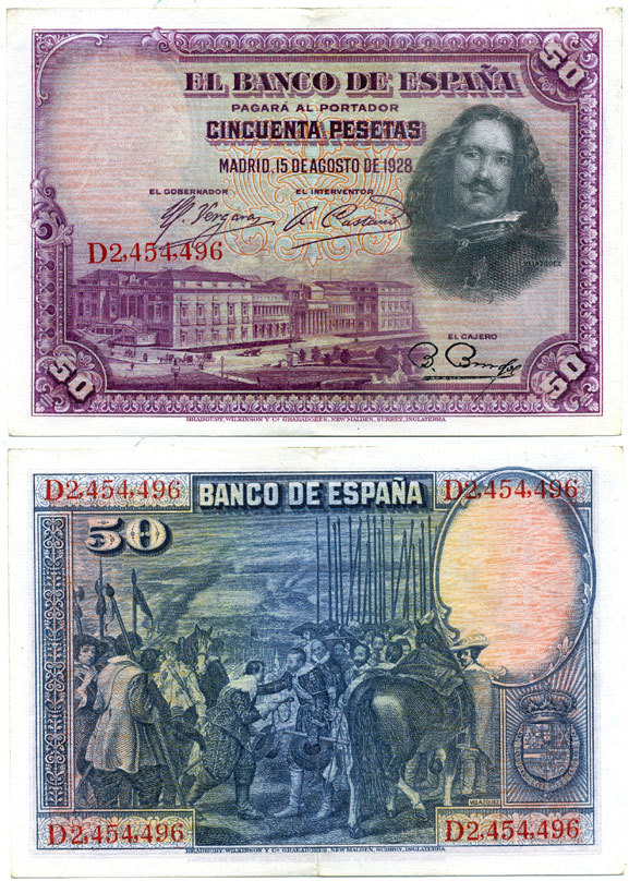 ИСПАНИЯ 50 ПЕСЕТ 1928 D 2454496, МУЗЕЙ ПРАДО В МАДРИДЕ, ДИЕГО ВЕЛАСКЕС Pick 75b бумага 7484-6-2