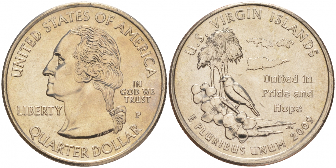 США 25 центов = квотер 2009 P, серия штаты США, Виргинские Острова KM 449 медь плакированная медно-никелем UNC M32-20
