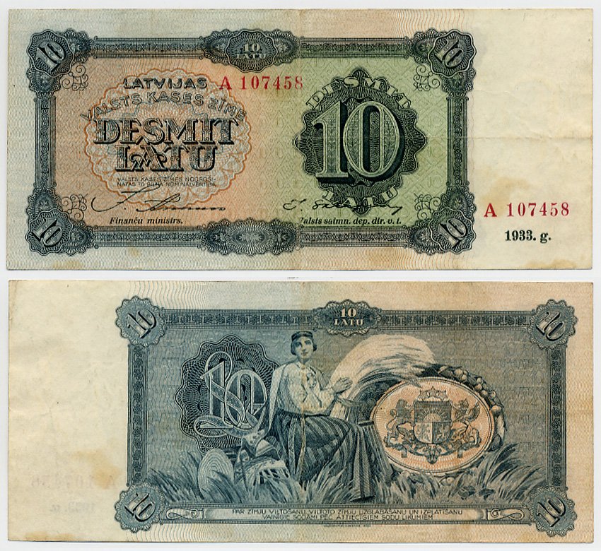 Латвия 10 латов 1933 серия A Pick 25 a  бумага 00-000