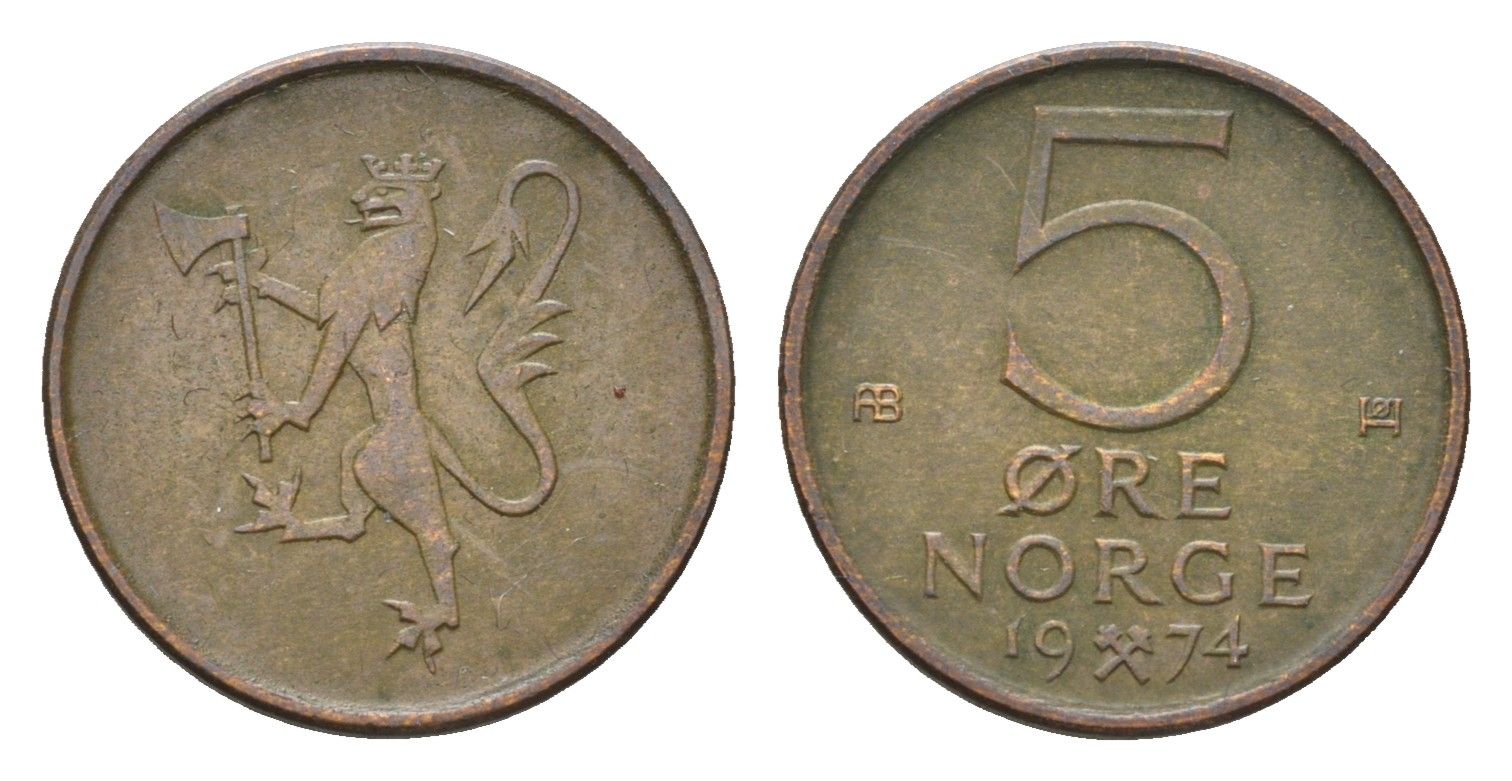 Норвегия 5 эре 1974 Улаф V (1957-1991) KM 415 бронза 4684-725