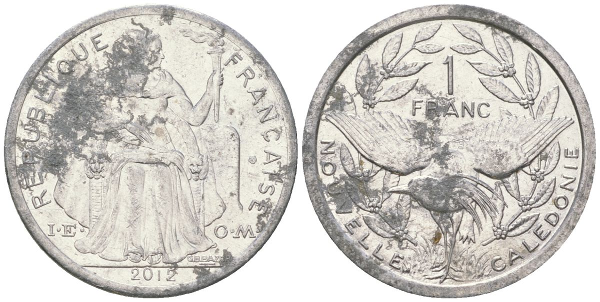Французская Новая Каледония 1 франк 2012 птица кагу, (IEOM) KM 10, Schoen 10 алюминий 31-323
