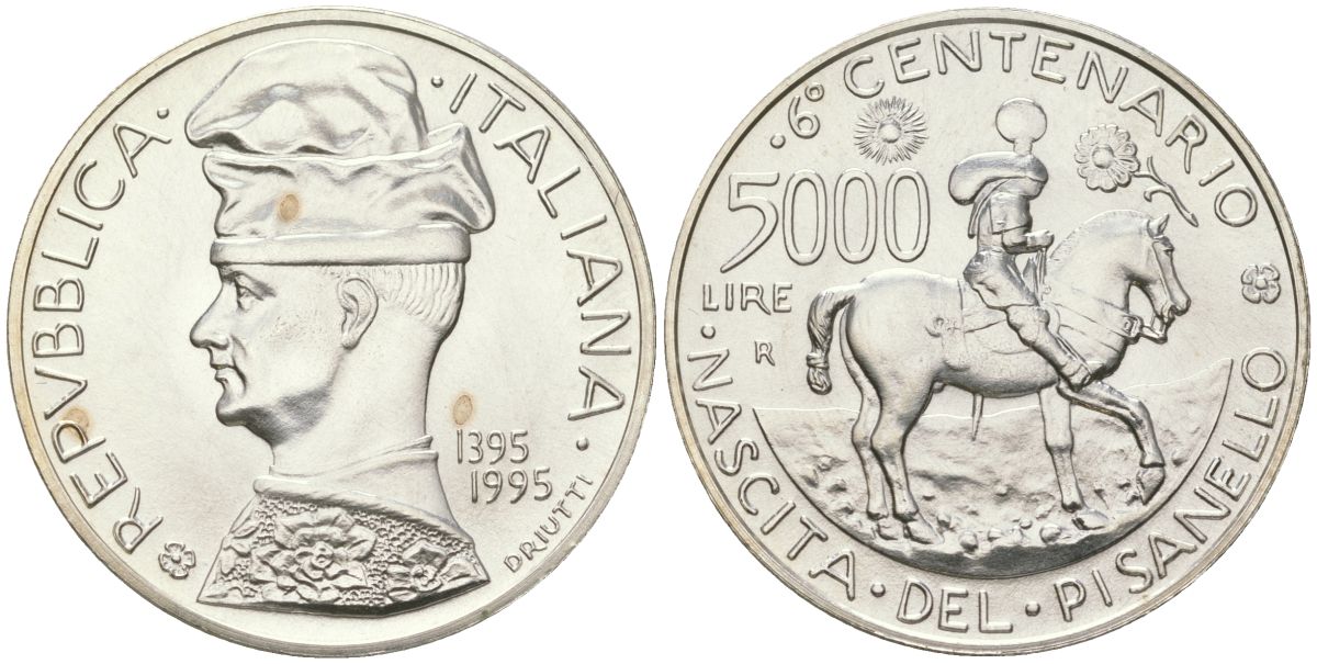 Италия 5000 лир 1995 R, 600 лет со дня рождения Пизанелло KM 175 серебро BU 1529-1245