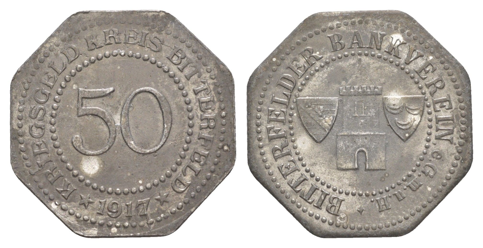 Биттерфельд 50 пфеннигов 1917 Bankverein G.m.u.H Funck 44.5A, Men05 2917.9, Men18 3746.9 железо 4582-1153