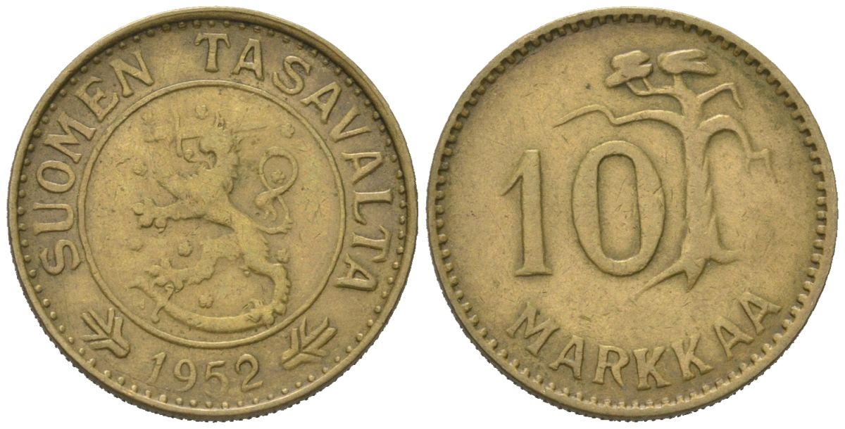 Финляндия 10 марок 1952 H, первый год чекана KM 39 алюминиевая бронза 218-1135