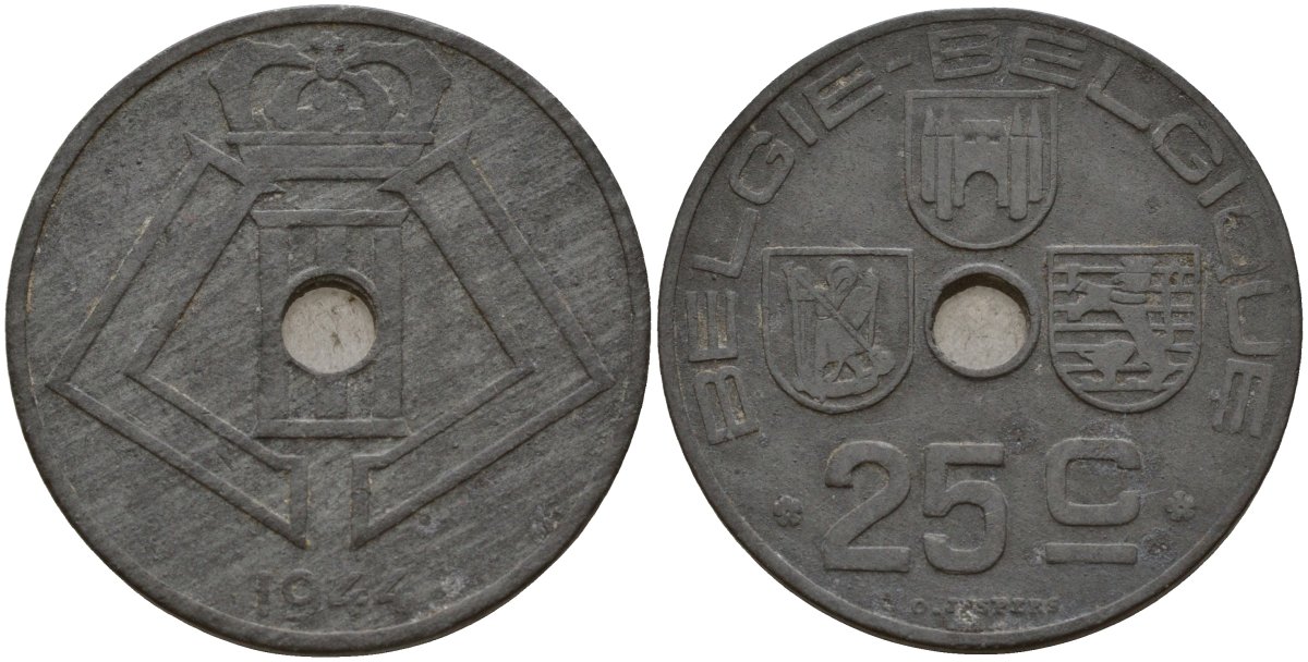 Бельгия 25 сантимов 1944 Belgie - Belgique, Леопольд III (1934-1947), германская оккупация, Вторая мировая война KM 132 цинк 4157-616