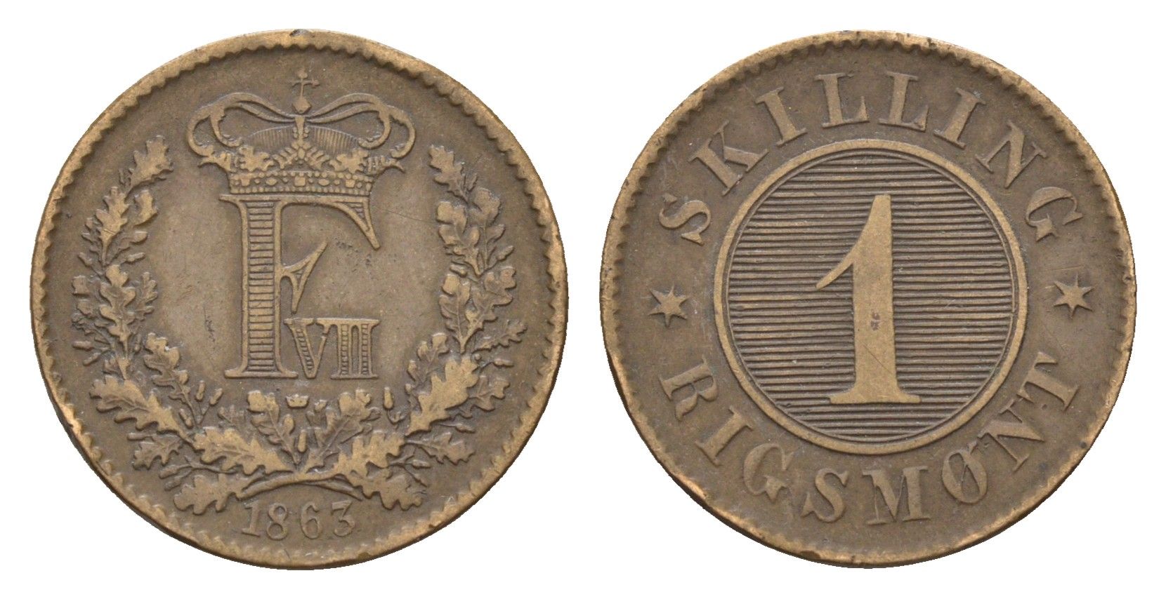 Дания 1 скиллинг 1863 KM 763 бронза 4152-215