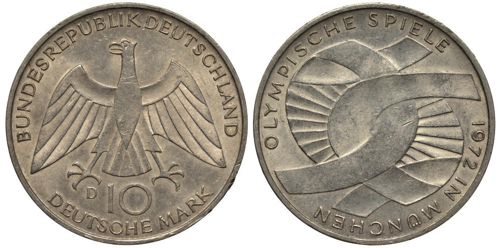 ФРГ 10 марок 1972 D, XX летние Олимпийские игры 1972 года в Мюнхене, символика KM 131, J.402 серебро 413-5415