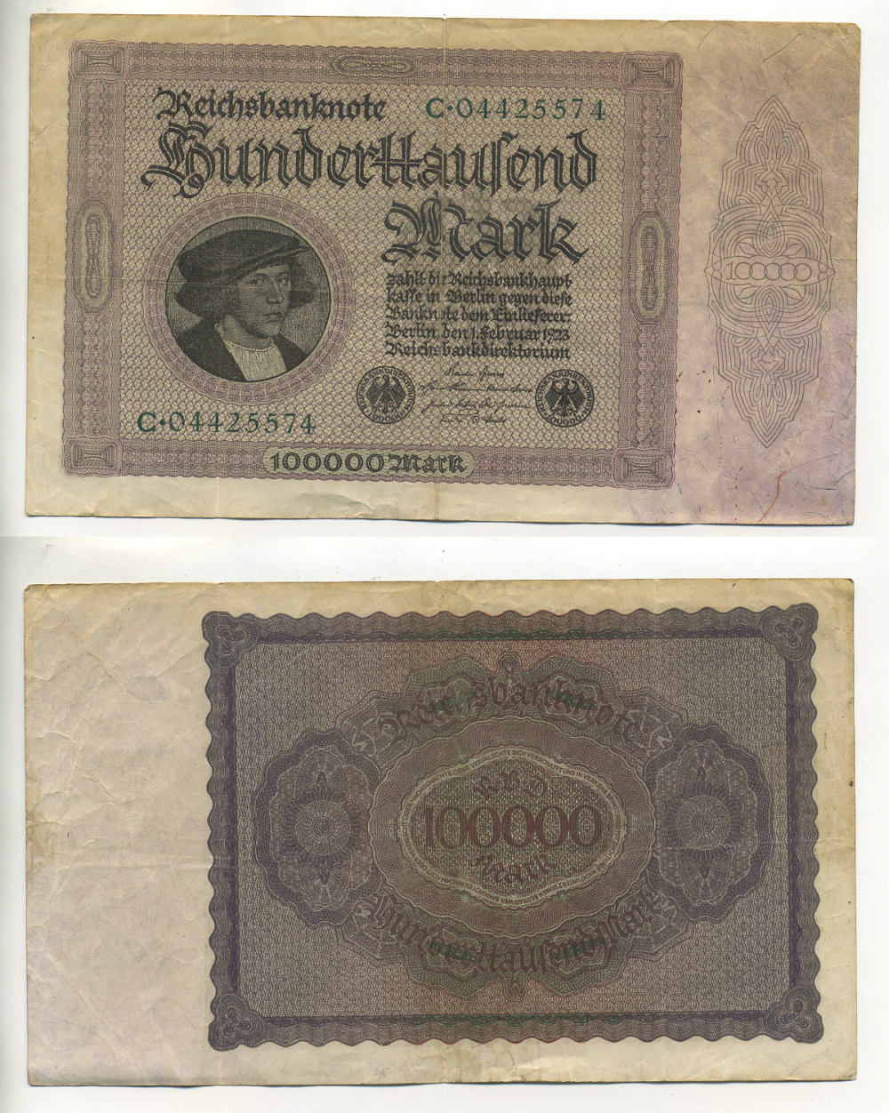 Германия 100000 марок 1923 Георг Гизе, без T под портретом, 8 цифр в номере Pick 83 a, Розенберг 82 а бумага 7217-54-2-2