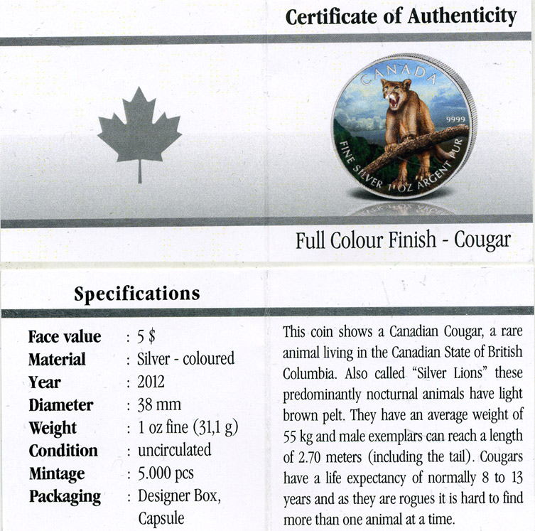 Канада 5 долларов 2012 серия Животный мир Канады, пума, в оригинальной коробке с сертификатом тираж 5000 экз., цветная эмаль серебро UNC 5-5-1-11