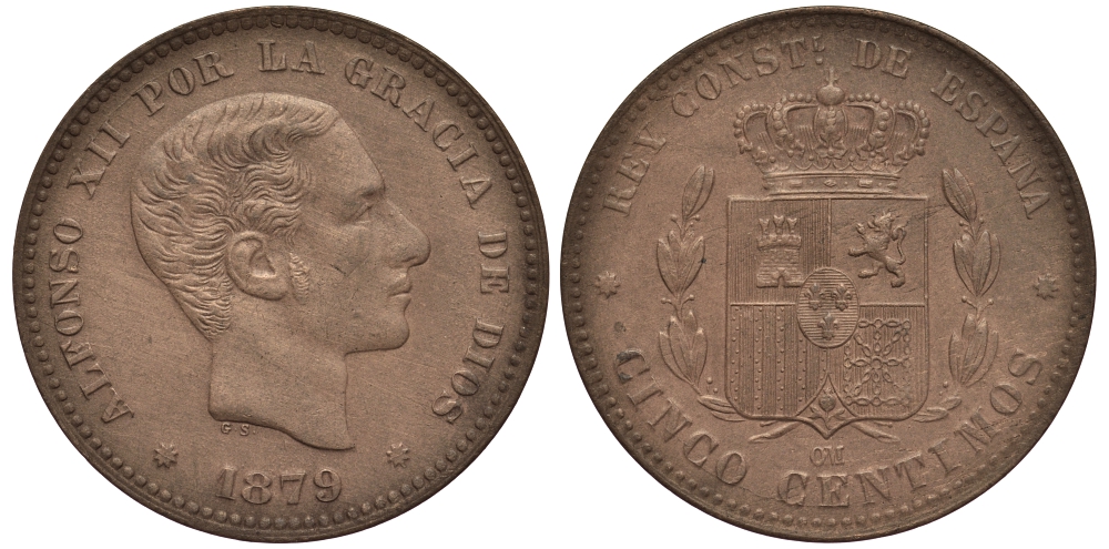 ИСПАНИЯ 5 СЕНТИМО 1879 OM АЛЬФОНСО XII KM 674 бронза UNC 1522-233