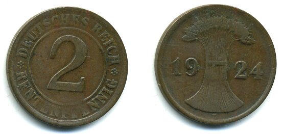 ГЕРМАНИЯ 2 РЕНТЕНПФЕННИГА 1924 E KM 31, J.307 бронза 56-941