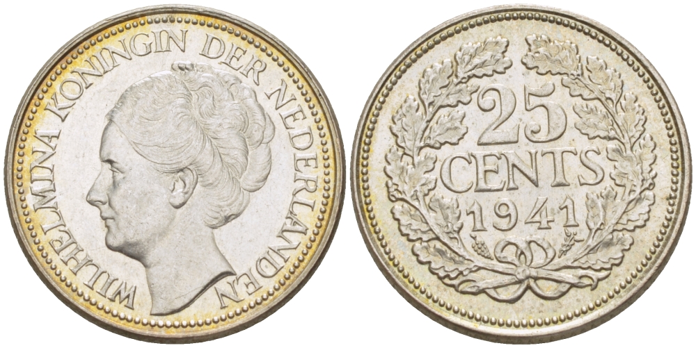 Нидерланды 25 центов 1941 Вильгельмина (1890-1948) KM 164 серебро aUNC 66-1144
