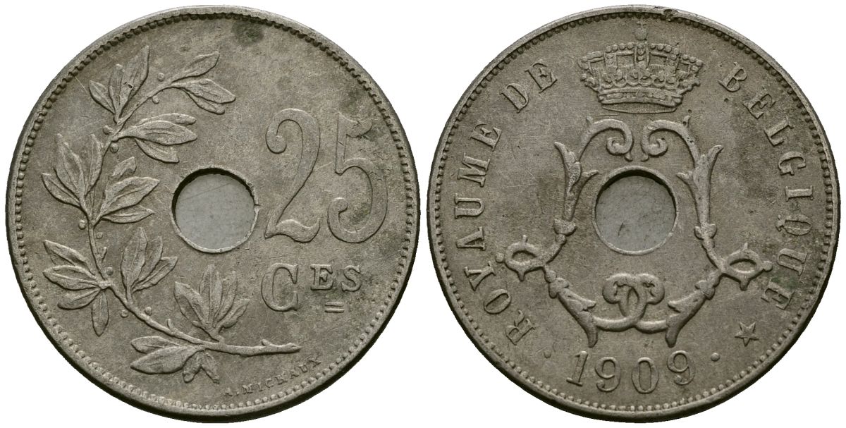 Бельгия 25 сантимов 1909 Belgique KM 62 медно-никель 4168-1211