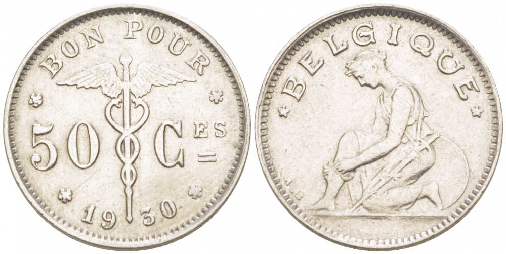 Бельгия 50 сантимов 1930 Belgique, Альберт I (1909-1934) KM 87 никель     3996-1223