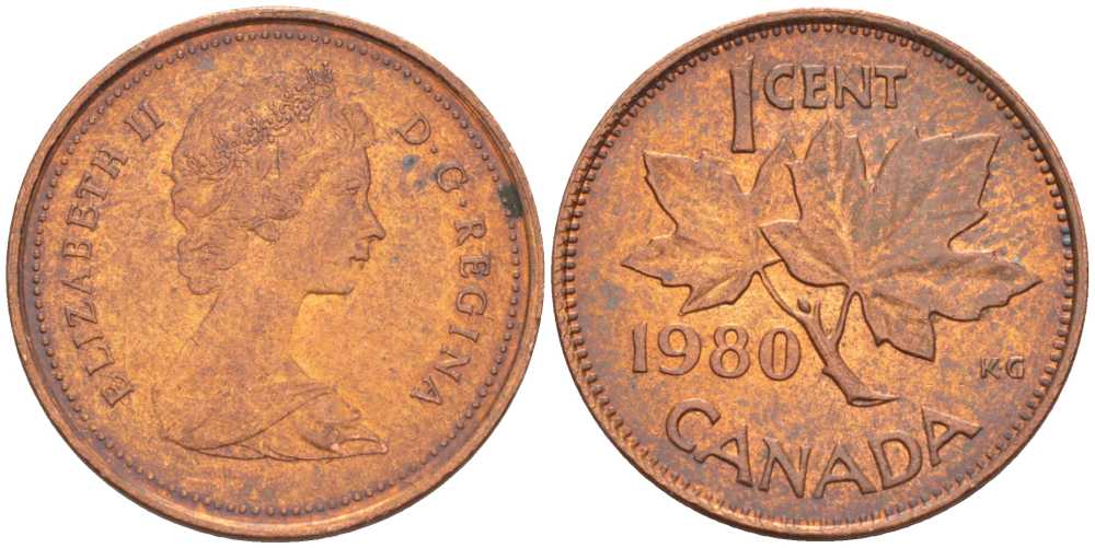Канада 1 цент 1980 Елизавета II (1952-2022), кленовый лист KM 127 бронза 54-1147