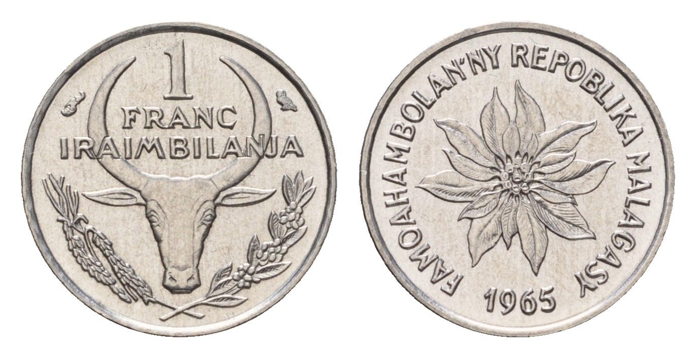 Мадагаскар 1 франк 1965 KM 8 нержавеющая сталь UNC 4669-466