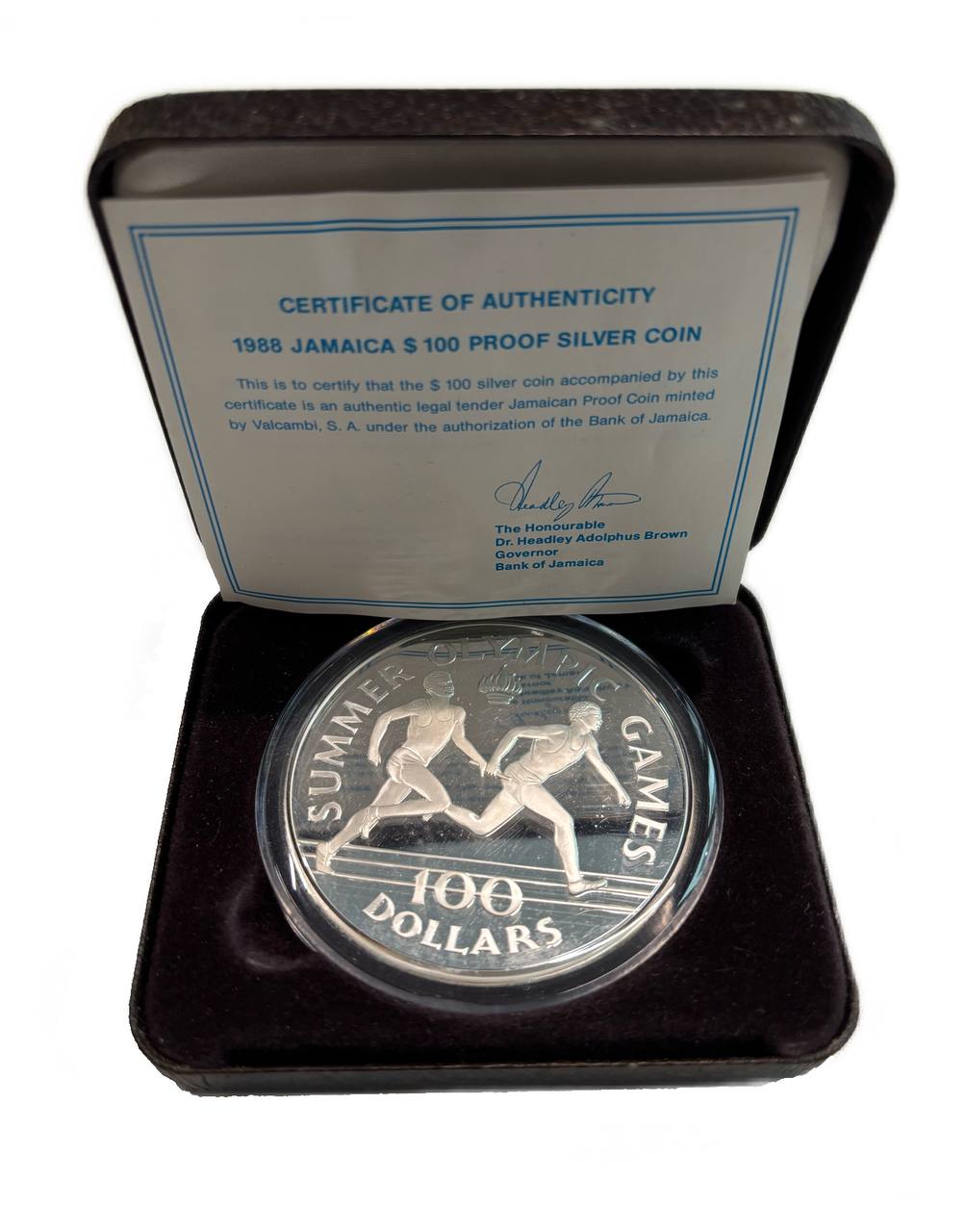 Ямайка 100 долларов 1988 XXIV летние Олимпийские Игры, эстафета, в оригинальной упаковке, с сертификатом подлинности KM 135 серебро PROOF 8-2-07-12