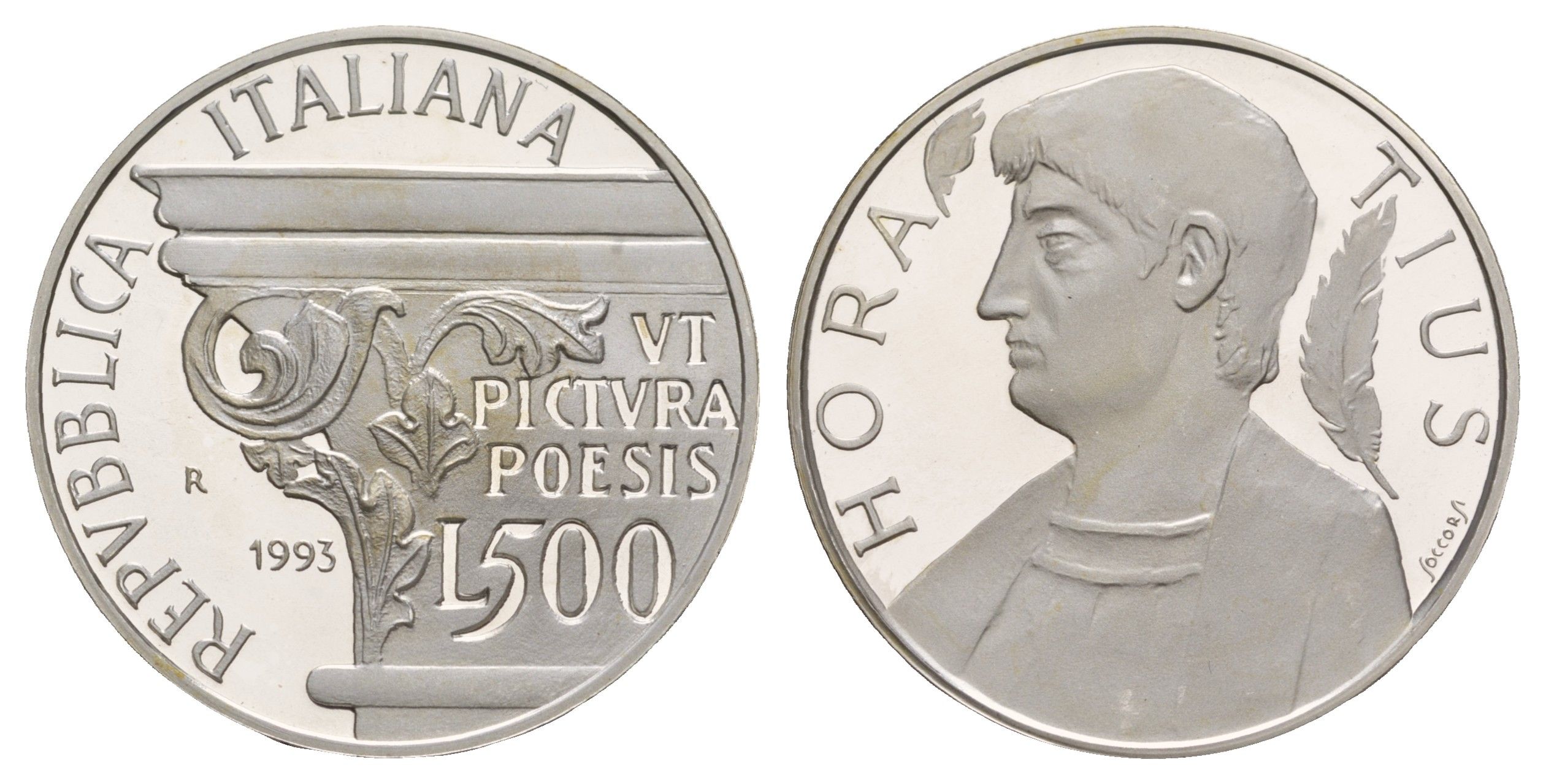 Италия 500 лир 1993 2000 лет со дня смерти Горация KM 156 серебро PROOF 413-6343