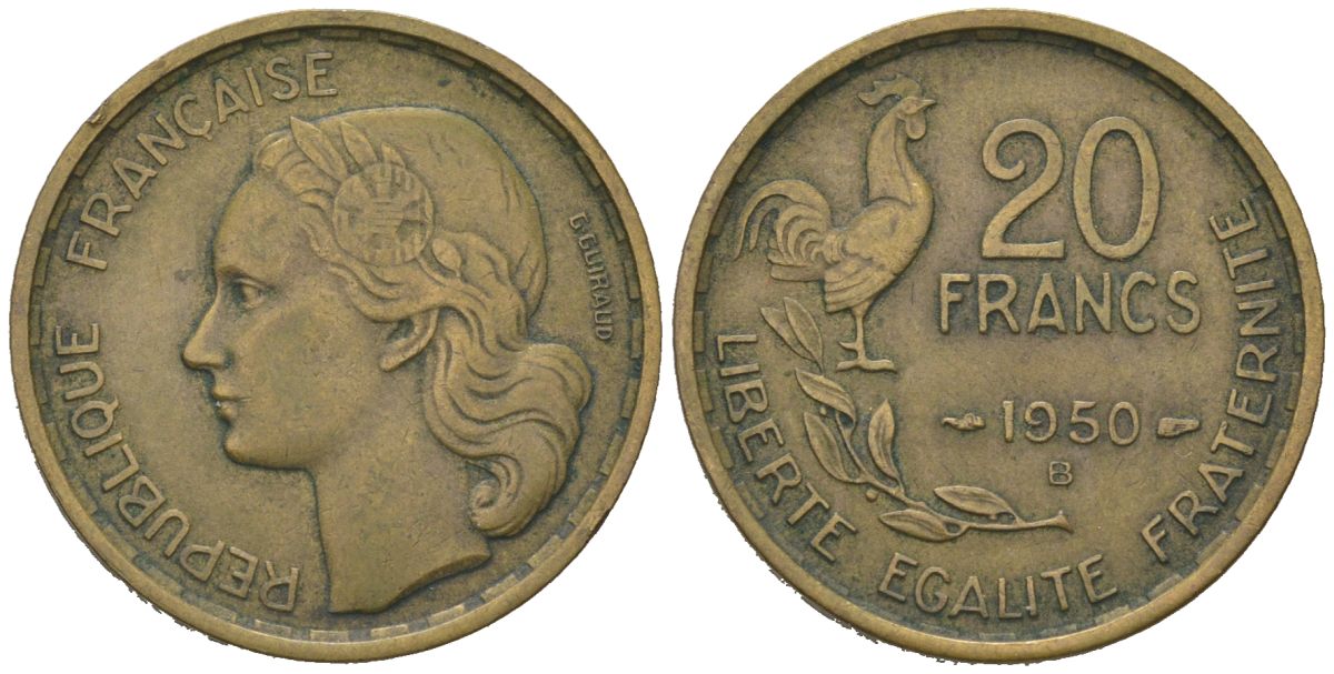 Франция 20 франков 1950 B KM?916, Le Franc 401 медь алюминий 4582-244
