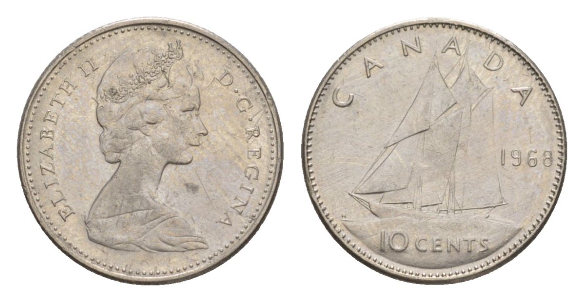 Канада 10 центов 1968 Елизавета II (1952-2022), парусник KM 73 никель 4630-816