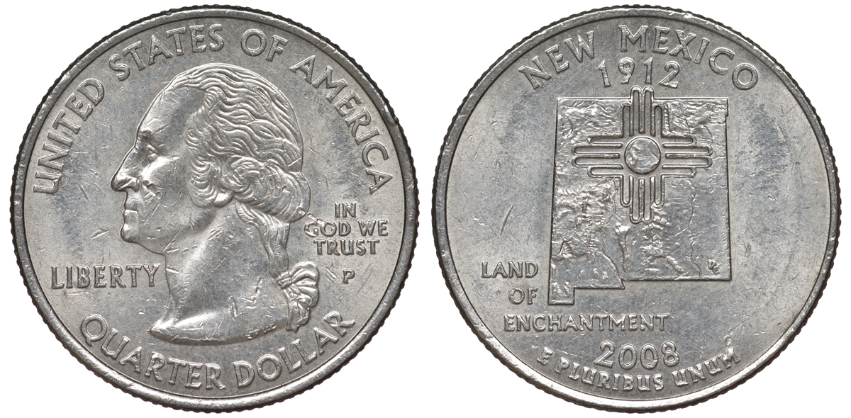 США 25 центов = квотер 2008 P, серия штаты США, Нью-Мексико KM 422 медь плакированная медно-никелем 4525-417