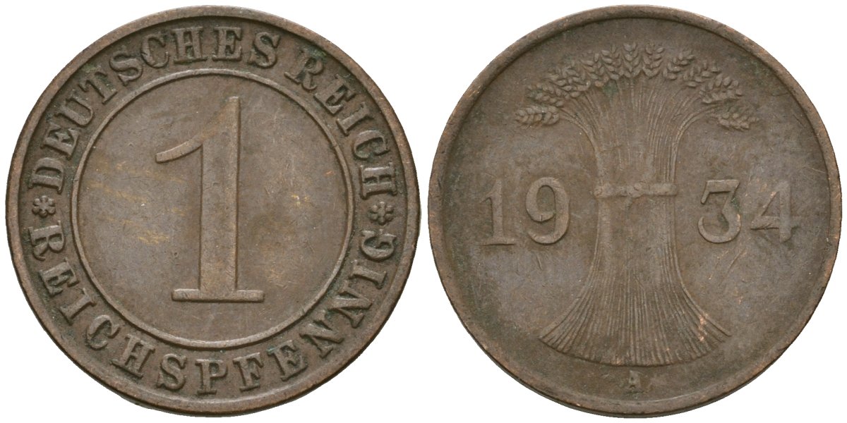 Германия 1 рейхспфенниг 1934 A KM 37, J. 313 бронза 4189-1251
