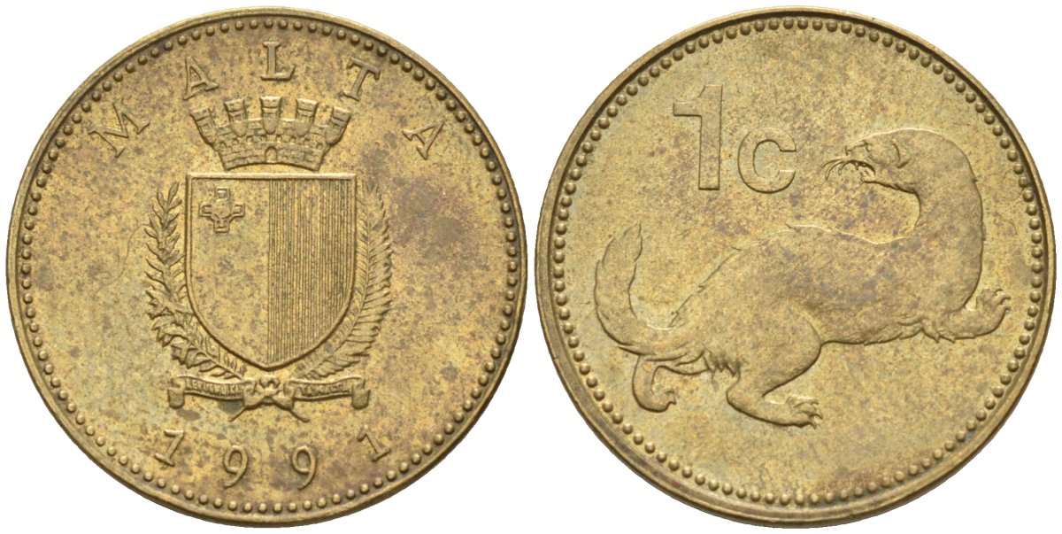 Мальта 1 цент 1991 ласка, горностай KM 93 никель латунь 4585-1165