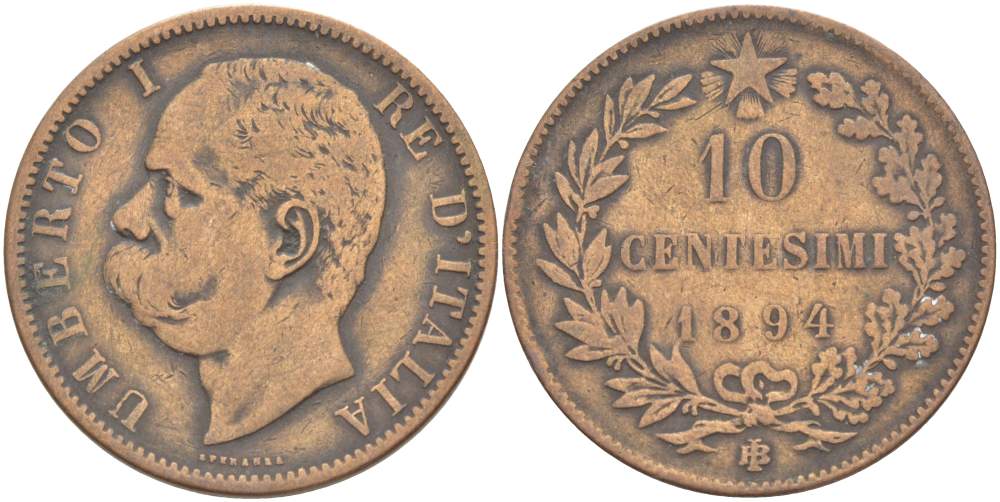 Италия 10 чентезимо 1894 B/I, Умберто I (1878-1900) KM 27.1 медь 4526-1031