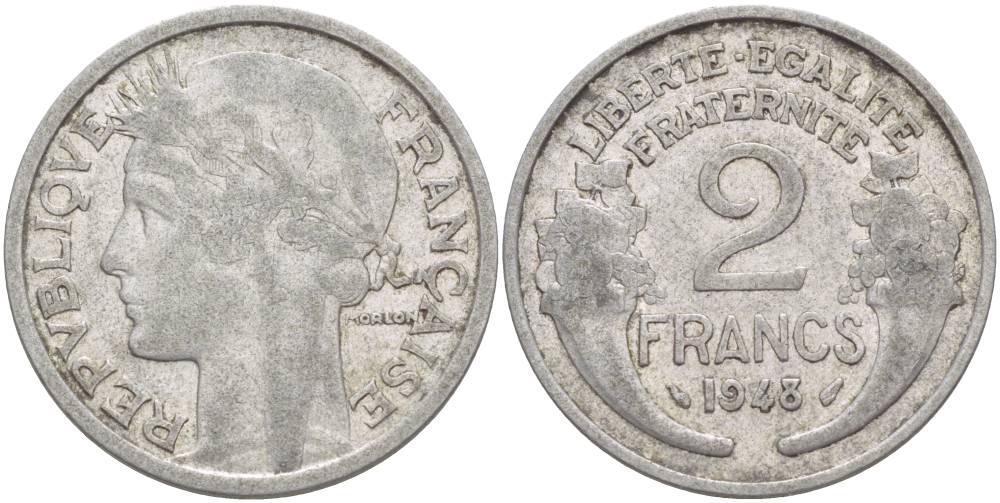 Франция 2 франка 1948 ТИП MORLON KM 886а.1 алюминий 4183-1212