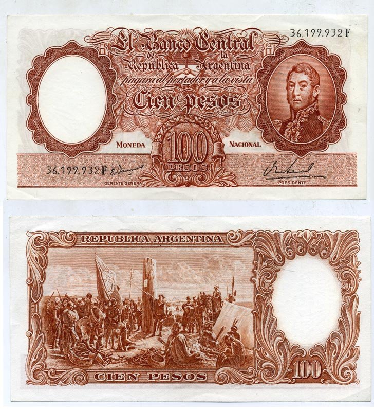 АРГЕНТИНА 100 ПЕСО 1967 СЕРИЯ F 36199, ГЕНЕРАЛ САН МАРТИН Pick 277 бумага XF 445-15-2