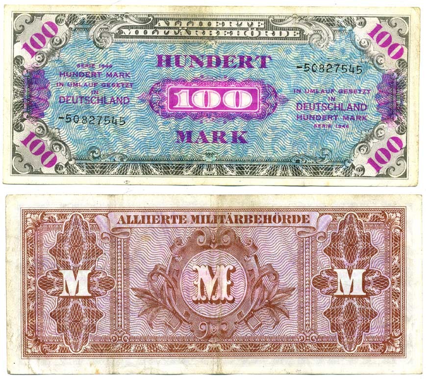 Германия, оккупация союзниками 100 марок 1944 8 цифр, без кода, выпуск СССР Pick 197 d, Розенберг 206 d бумага 7207-37-3