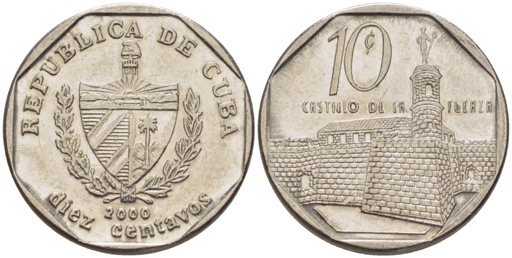 Куба 10 сентаво 2000 форт в Гаване Ла-Фуэрса KM 576.2 сталь плакированная никелем 66-668