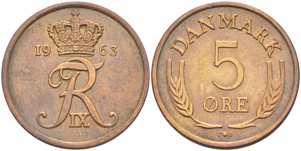 ДАНИЯ 5 ЭРЕ 1963 C; S, ФРЕДЕРИК IX (1947-1972) KM 848.1 бронза 4402-1217