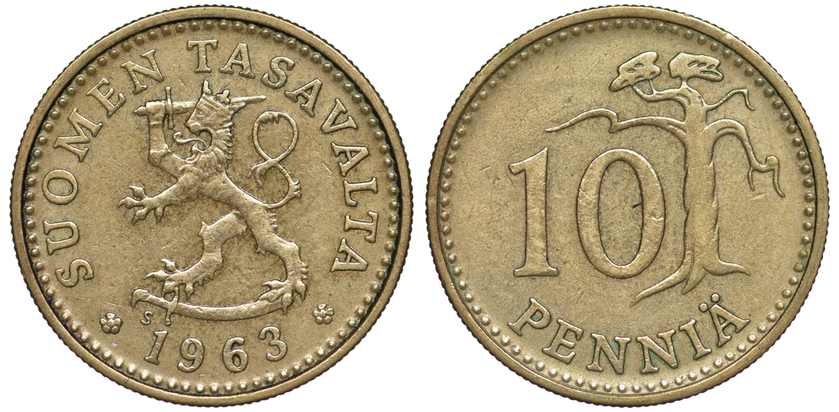 ФИНЛЯНДИЯ 10 ПЕННИ 1963 S, ПЕРВЫЙ ГОД KM 46 алюминиевая бронза 3334-1118