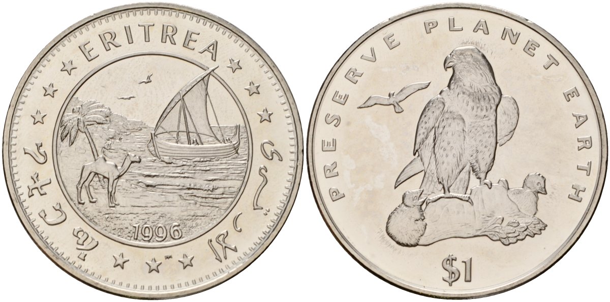 Эритрея 1 доллар 1996 берегите планету Земля, Средиземноморский сокол KM 37 медно-никель UNC 4125-914