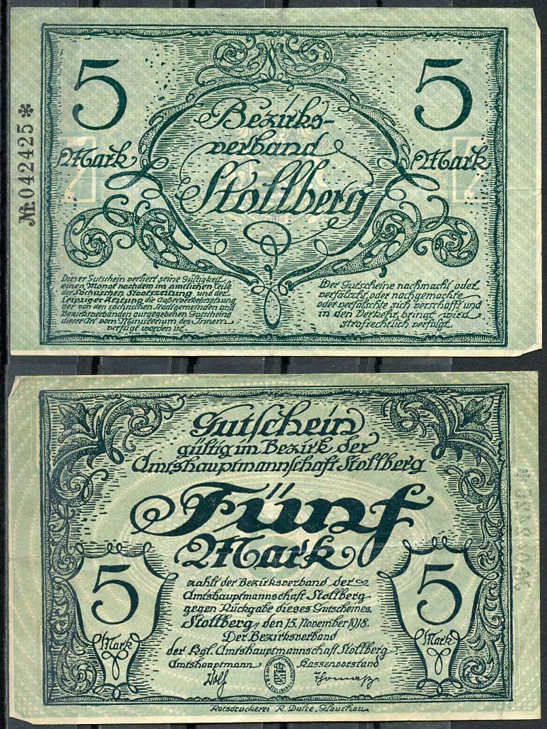 Германия, Штольберг 5 марок 1918 нотгельд, 15.11.1918, цифры черные, малые Geiger 511.01  бумага   444-113-3-2