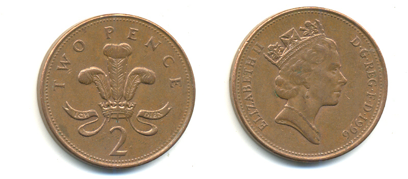 Великобритания 2 пенса 1996 Елизавета II (1952-2022) KM 936а, Spink 4386 (C4) сталь плакированная медью 177-843