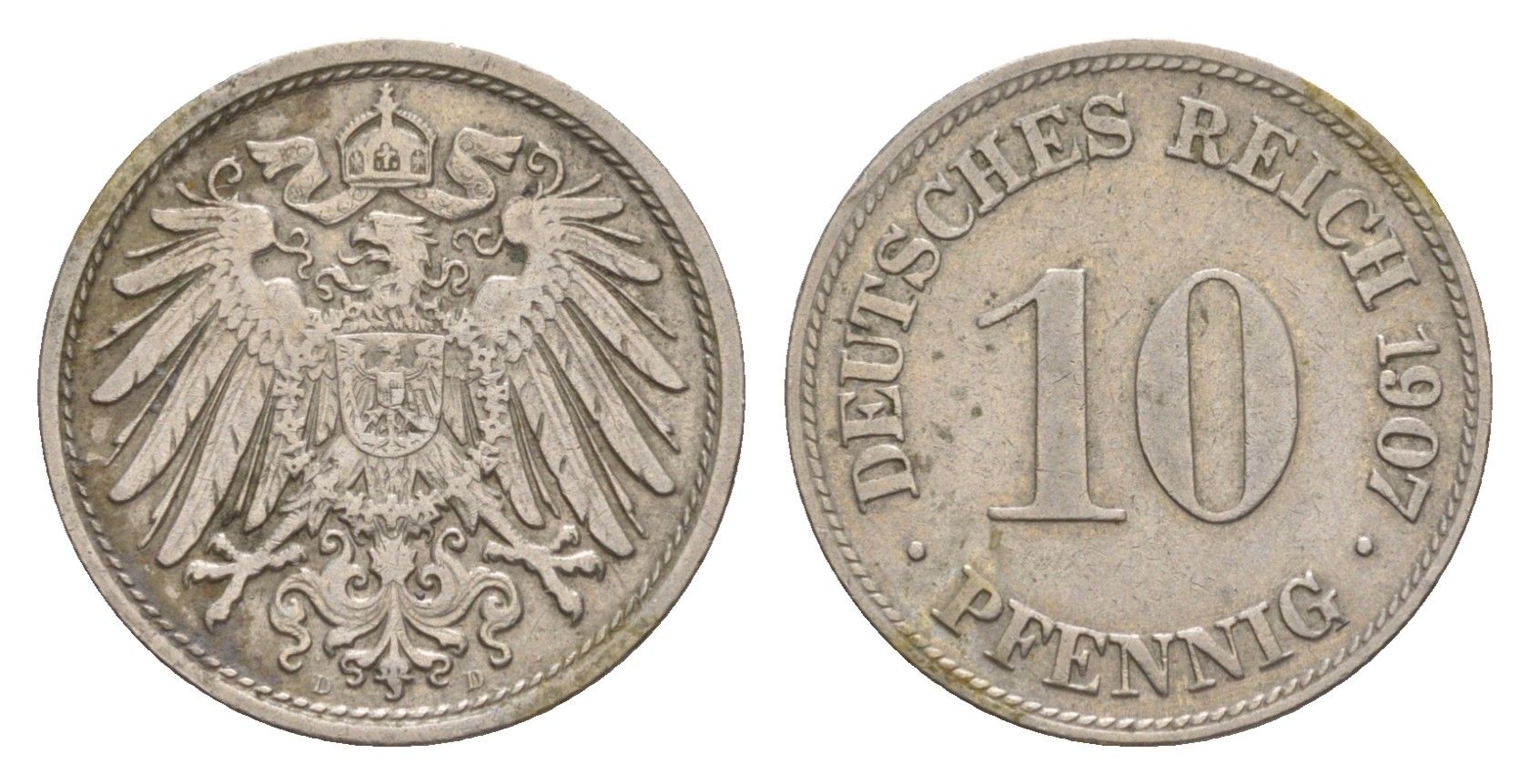 Германия 10 пфеннигов 1907 D, Вильгельм II (1888-1918) KM 12, J. 13 медно-никель 4640-269