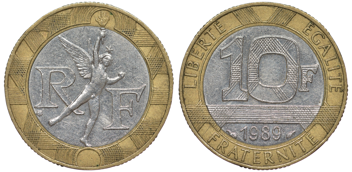 Франция 10 франков 1990 тип Гений Бастилии KM 964.1, Le Frank 375.5 биметалл 45-644