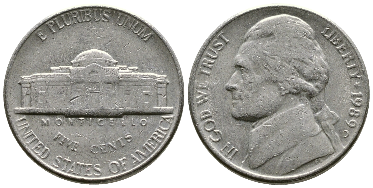 США 5 ЦЕНТОВ 1989 D, ДЖЕФФЕРСОН KM А192 медно-никель 29-225