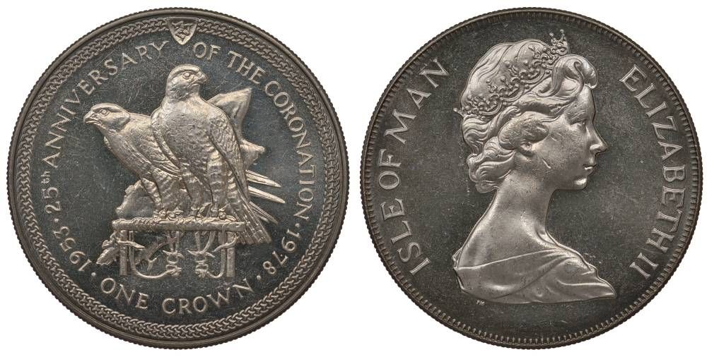 Остров Мэн 1 крона 1978 25 лет коронации королевы Елизаветы II, соколы KM 43 медно-никель UNC 1071-9-63