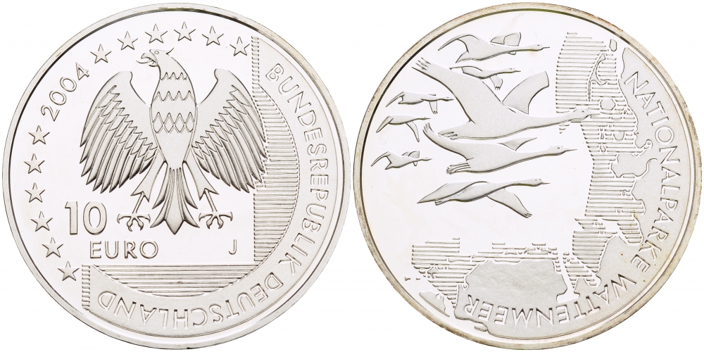 ФРГ 10 евро 2004 J, Национальный парк, Ваттовое море (Wattenmeer) KM 232, DE.S 10.15 серебро PROOF 1082-9-62