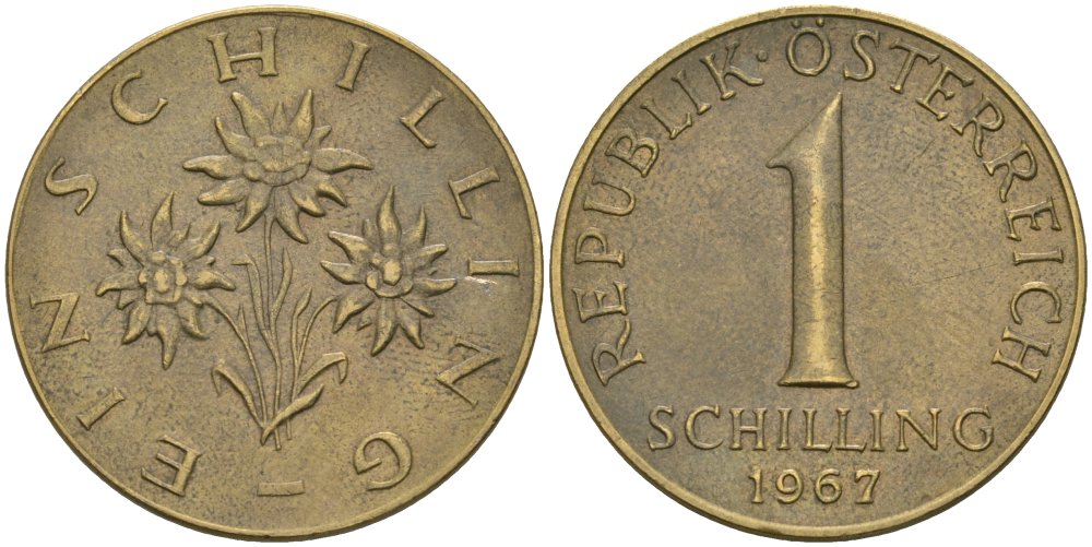 Австрия 1 шиллинг 1967 KM 2886 алюминиевая бронза 4579-326