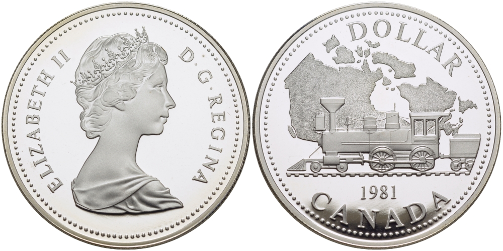Канада 1 доллар 1981 Трансконтинентальная железная дорога, паровоз, в оригинальной коробке KM 130 серебро PROOF 2-1-16