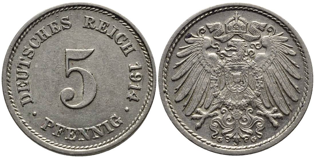 ГЕРМАНИЯ 5 ПФЕННИГОВ 1914 G KM 11, Jager 12, Weege 6 медно-никель 4547-545