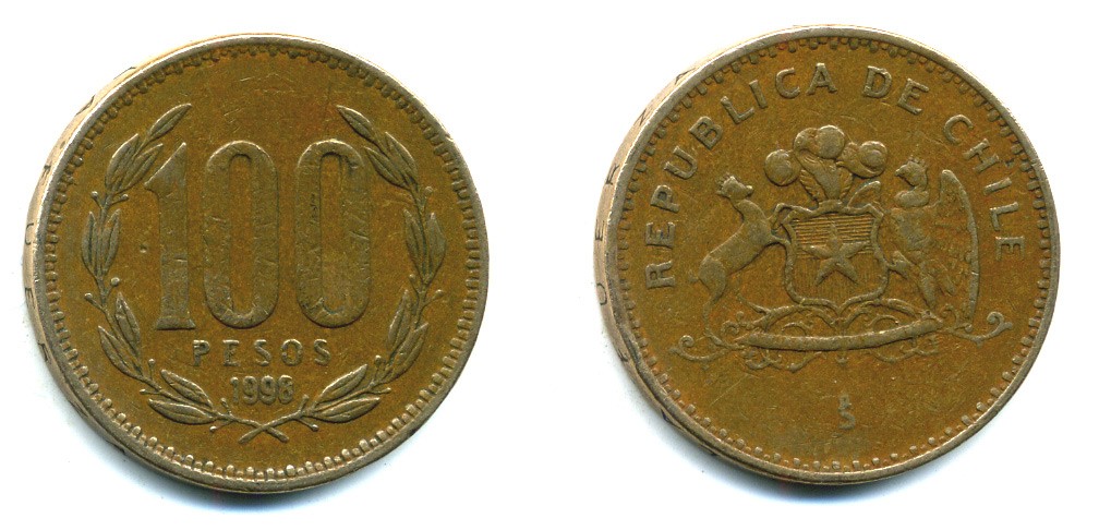 ЧИЛИ 100 ПЕСО 1998 ГЕНЕРАЛ БЕРНАРДО О ХИГГИНС KM 226.2 алюминевая бронза 35-1155
