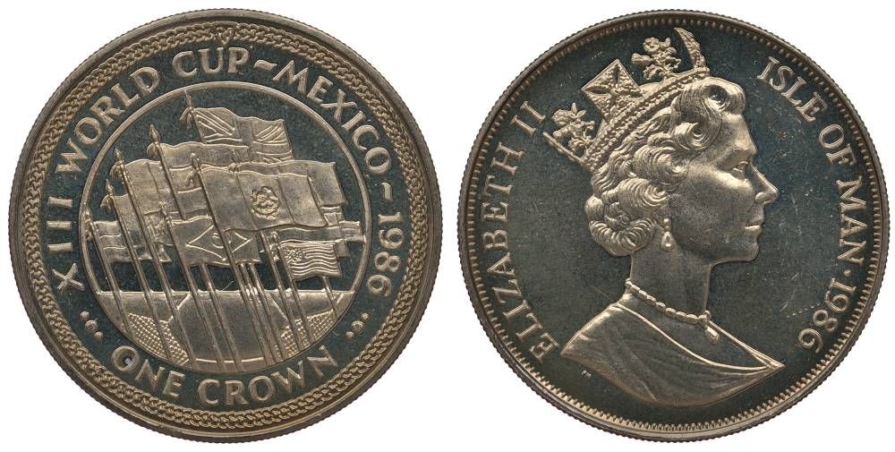 Остров Мэн 1 крона 1986 чемпионат мира по футболу 1986 года в Мексике, флаги стран участников KM 165 медно-никель UNC 00-00