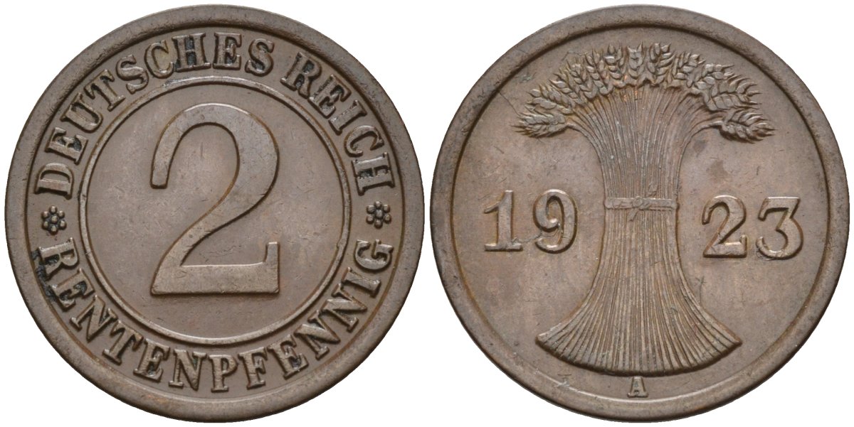 Германия 2 рентенпфеннига 1923 A KM 31, J.307, Weege 3 медь 4584-553