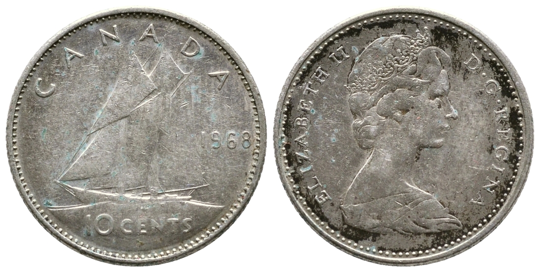 Канада 10 центов 1968 Елизавета II (1952-2022), парусник KM 73 никель 179-1068